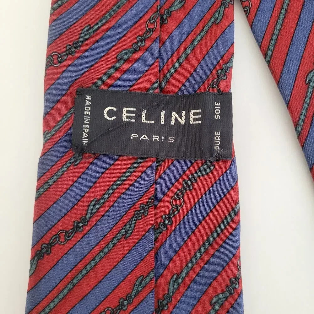 Celine Men's Neck Tie Made In Spain Designer‎ Silk Blue Red Stripped Ropes